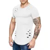 Camisetas Masculinas Masculinas Rasgadas, Cor Sólida, Caimento Solto, Gola Redonda, T-shirts Casuais Ocas, Curvas, Mangas Curtas Top1