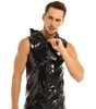 Black Mens WetLook Tank Tops Patent pvc faux Leather Hoodie Sexy Clubwear Hip Hop T-Shirt Tank Top with Zipper Closure Costumes