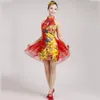 Lato Kobiety Qipao Sukienka Jedwab Satin Sexy Cheongsam Kwiat Wzór Karnawał Fancy Stage Nosić Backless Suknia Vestido