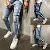 Olome Hot Sales 2019 Rippad sida Striped Jeans Fashion Blue Streetwear Mens Skinny Stretch Jeans Byxor Casual Denim Hombre