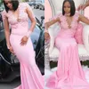 Abiti da sera a sirena in pizzo economici per ragazze nere africane Abiti da sera a maniche lunghe rosa con applicazioni in raso Illusion Abito formale Robe De Soiree