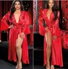 Melhor vender seda Robes para as Mulheres Sexy Lace Satin longo Vestir Noite Robes Pijamas Lingerie Kimono Belt Night Dress Nightgown