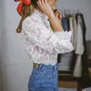 Lace Crochet Hollow Out White Women Shirts Ruffles Long Sleeve Transparent Stand Collar Ladies Blouses 2019 Elegant Fashion Tops