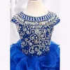 2019 Nieuwe Ontwerp Peuter Meisjes Pageant Jurken Luxe Glanzende Crystal Beading Bodice Royal Blue Organza Ruffles Skirk Little Girls Prom Dresses