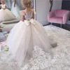 New Princess Flower Girls Dresses Weddings Jewel Tulle Lace Appliques Button Back With Big Bow Birthday Children Girl Pageant Gowns