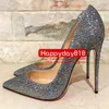 2023 Summer Fashion Women Pumps Silver Glitter Point Toe Brud Wedding Shoes High Heels ￤kta l￤der Real Photo 12cm 10cm m￤rke