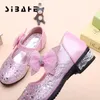 Taille 26-36 filles chaussures princesse fête de mariage enfant chaussures en cuir strass paillettes enfants rose nœud papillon chaussures à talons bas noël