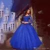 Plus la taille hors épaule robes de bal nouveau bleu royal à manches longues en dentelle appliques dubaï arabe occasion robes de soirée robe de mariée