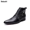 Batzuzhi Kore Tipi Moda Erkek Ayakkabı Bot Sonbahar Kış Siyah Deri Ayak Bileği Çizmeler Erkekler Sivri Burun Tokaları zapatos de hombre
