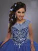 Bling Bling Quinceanera Klänningar Illusion Scoop Neck Lace Up Back Crystals Blue Sweet 15 Dress Pageant Gowns Party Dress