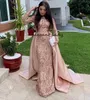 Saudiarabien Långärmade Mermaid Muslim Kvällsklänning med avtagbar tåg Rose Gold Hunter Sequin Kaftan Dubai Prom Formal Dresses