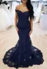 Navy Blue Mermaid Prom Klänningar Långt från axeln Beaded Lace Formal Evening Gowns Party Ball Dress Celebrity Red Carpet Gown