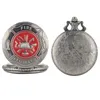 Gray Red Fire Fighter Symbol Carving Pocket Watch Steampunk Firefighter Cover Quartz Watches Fireman Pendant Necklace Chain 782