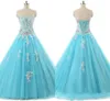 2020 Marfil encaje azul baile de graduación dulce 16 vestidos con cuentas de cristal sin tirantes corsé espalda elegante vestido formal de noche vestidos de graduación baratos