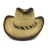 Fashion Black Paint Spraying Western Cowboy Paper Straw Hats for Men Women Wide Brim Beach Sunshade Cap Panama Sombrero Sunhat