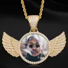 Wykonane na zamówienie skrzydła ze zdjęciem Iced Out Bling Cubic wisiorek z cyrkonią naszyjnik dla mężczyzn biżuteria Hip Hop z łańcuszkiem linowym