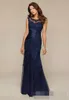 Abiti eleganti per la madre della sposa con scollo rotondo trasparente Nuovo arrivo Abiti da sera a sirena lunga in pizzo blu navy Abiti da festa da sera335g