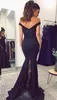 Navy Blue 2019 Mermaid Prom Dresses Off Shoulder Satin Cekinowy Zroszony Koronki Aplikacja Sweep Pociąg Zipper Powrót Długie Wieczór Party Suknie