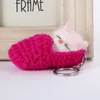 10pcs 7colors Sleeping Cat Pompom Keychains Women Girls Handmade Woven Shoes Faux Rabbit Fur Kitten Key Chains Fluffy Bag Key