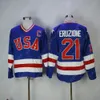 1980 EUA Hockey Team Jersey 30 Jim Craig 21 Mike Eruzione 17 Jack O'Callahan Hockey Jerseys Blue White Stitched