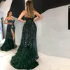 Sexy Dark Green Side Split Prom Dresses Sweetheart Sequined Feather Long Cocktail Party Dress Customized Sweep Train Evening Wears