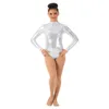 13 Renkler Yüksek Boyun Bale Leotard Kadın Tek Parça Dansçı Aşınma Parlak Metalik Dans Performans Kostüm Uzun Kollu Bodysuit