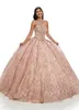 2022 Pink Pearls Quinceanera Dresses Long Sleeve Sweetheart Gold Applique Beaded Layers Princess Ball Gowns Sweet 15 Dress Pro173s