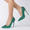 Hot Sale-Green Rhinestone Snake Heel Klänning Skor Kvinnor Unika Äkta Läder Spetsade Toe High Heels Pumps Chaussures Femme Bröllopsskor