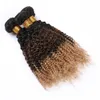 Ombre buntar kinky lockiga mörka rötter mänskliga hårförlängningar # 1b 4 27 honung blondin ombre peruansk lockigt humant hår väv buntar 3st