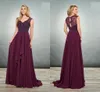 2020 Wine Beading Crystal Mother Of The Bride Dresses Cascading Ruffles Down The Skirt V-neck Cap Sleeve Keyhole Back Formal Evening Gowns