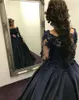 2018 Winter Formal Evening Dresses with Long Sleeves Gown Bateau Neckline Shiny Beaded Lace Bodice Puffy A Line Long Navy Black Prom Dresses