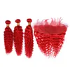 Extensões de tecer de cabelo malaio vermelho puro vermelho com frontal brilhante vermelho ondulado cabelo humano 3pcs com fecho frontal de renda 13x4