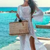 Sarongs 2021 Sexy White Crochet Bikini Covers-Up Beach Coat Swimsuit Cover-Ups Long Beachwear Knitted Cover Up Pareo Dress1