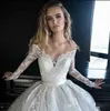 Chic Long Sleeves Ball Gown Dresses Lace Applique Sexy Off The Shoulder Custom Cathedral Train Wedding Dress Vestidos De Novia 403