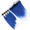 Fermeture de dentelle frontale de cheveux humains ombrés noir et bleu foncé 13x4 avec 4 paquets # 1B bleu ombre malaisienne tissages droits extensions de cheveux vierges