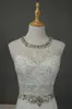 Pärlstav kristall lång satin aftonklänning 2019 sjöjungfrun prom klänningar juvel hals formell klänning vit färg8408933
