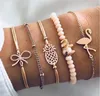 5pcs/Lot Charm Bracelets Crystal Beaded Bow Knot Gold Color Link Chain Bracelets Bangles for Women Boho Jewelry