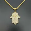 Mano di Hamsa di Fatima in acciaio inossidabile con pendente a catena maschio color oro pavimentato con strass collane di palma per uomo gioielli turchi240S7396406