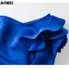 Women Blouse Tops Shirts One Shoulder Sexy Peplum Ruffles Blue Slim Party Wear 2019 Spring Fashion Elegant Ladies Female Clothes Y19062501