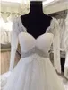 Romantic Illusion Long Sleeve Wedding Dresses Maternity V-neck Beaded Sashes Lace Applique Court Train Bridal Dress For Pregnant Women