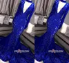 2019 nouveau magnifique bleu royal sirène robes de bal manches longues col en V profond dentelle appliques tenue de soirée robe formelle robes