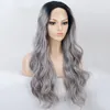 OMBRE GRAY LING WAVY WAVY PONCTETIC LACE FRONT WIG Silver BLAIN ROOTS إلى WIGS رمادي للنساء الجزء الأوسط من الألياف المقاومة للحرارة Soft1976496