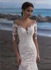 Sexy Full Lace Mermaid Trouwjurken Off-Shoulder Lange Mouwen Geappliceerd Bruidsjurken Sweep Train Beach Bruid Jurk Vestido de Novia