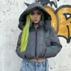 Parlak yanardöner yansıtıcı kirpi ceket boynuz kapüşonlu sıcak parka kırpılmış kabarcık ceket kadın giyim 2019 kış