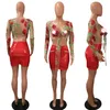 Femmes rouge deux pièces ensembles broderie Rose fleurs brodé maille haut et Mini jupe 2 pièces ensembles Sexy Pu jupe costume