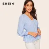 Frühling Blau Bischof Sleeve Shirred Manschette gestreifte Peplum Bluse Frauen Casual Baumwolle V-Ausschnitt Langarm Top Damen Blusen C19041001