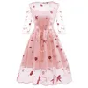 Women's New Dress Lace Hand Embroidered Vintage Flowers and Maple Leaf Design Dotted Puffy Dress Party Costume