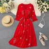 Casual Dresses Dress Women Sweet Floral Embroidered Sexy V-neck Lantern Sleeve Ladies Slim With Belt Bandage Long Robe Beach Vestido1