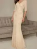 Elegancka Szampana Matka Suknie Panny Młodej 2019 Mermaid V Neck Koronki Formalne Suknie Wieczorowe Z Zroszonymi Pół Rękawami Długie Suknie Długie Party