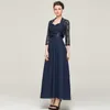 2020 Tea-length 3/4 Long Sleeve Dark Blue Chiffon Lace With Lace A-line Mother Of The Bride Dress Dark Navy Mothers Dresses